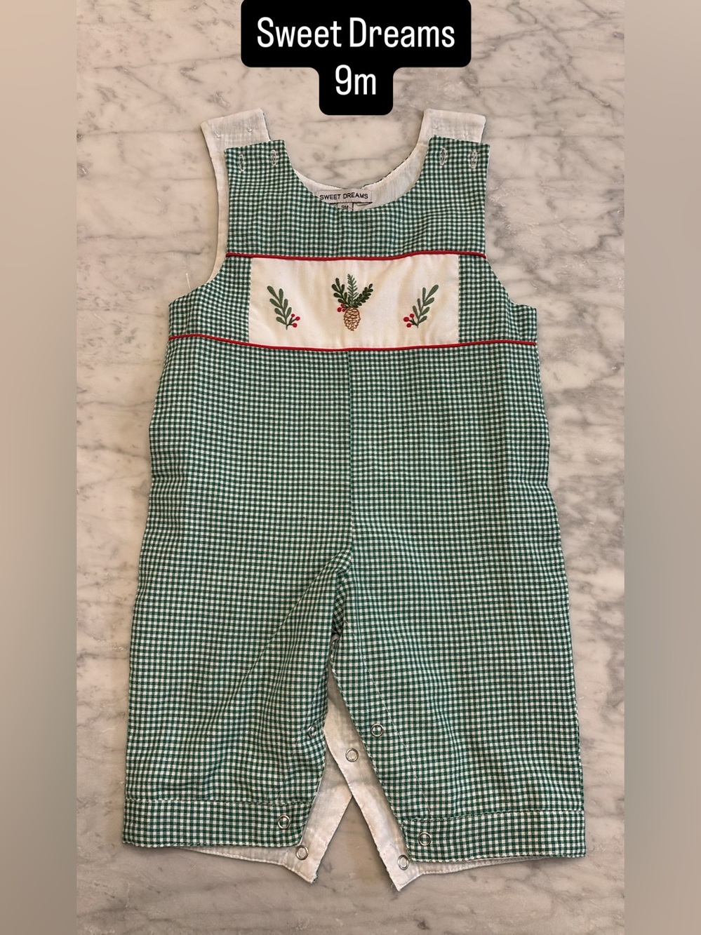 Sweet Dreams Green Gingham Pinecone Embroidered Romper with Red Trim